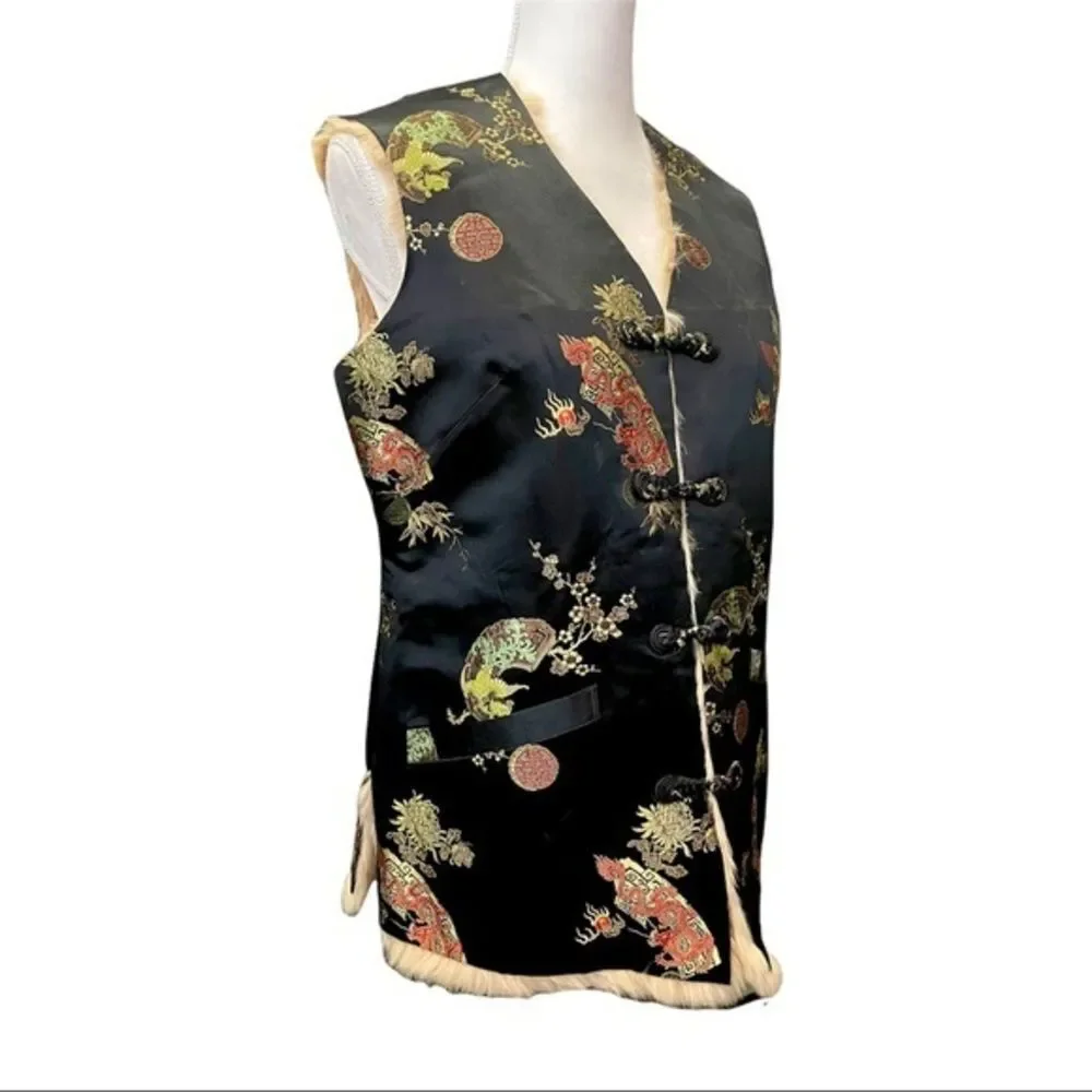 Chinese Silk & Genuine Fur‎ Reversible Vest Sweater/ Jacket - Traditional Print